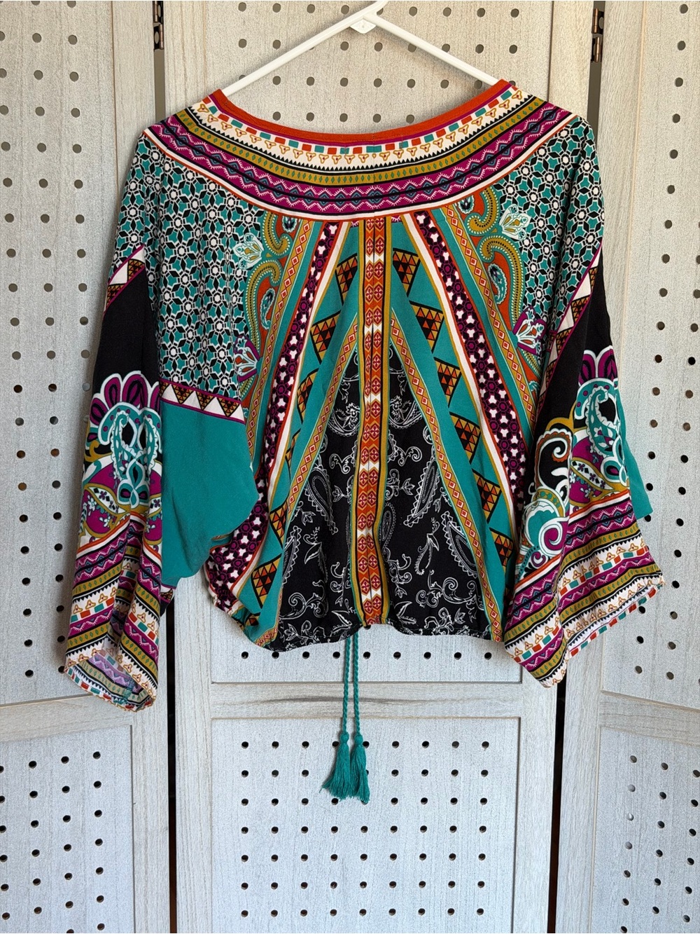 Flying Tomato Boho Tie-Front Blouse in Teal Multicolor Paisley - Picture 5 of 5